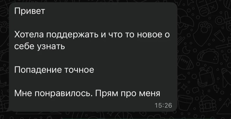 Скриншот переписки: «Попадание точное. Мне понравилось. Прям про меня»